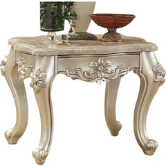 Marble Top End Table With Flower Motif Engraved Angular Wood Feet, Silver By Benzara