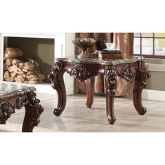 Scalloped Marble Top End Table With Carved Floral Motifs, Walnut Brown By Benzara