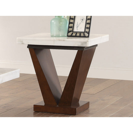 Marble Top End Table With V Shaped Wooden Base, White And Brown By Benzara | Side Tables |  Modishstore 