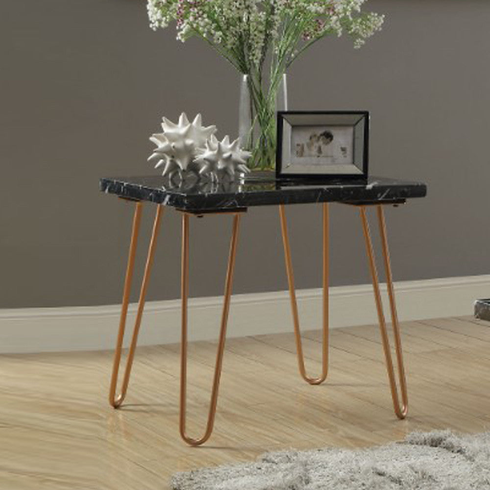 Black Marble Top End Table With Metal Hairpin Style Legs In Gold By Benzara | Side Tables |  Modishstore 