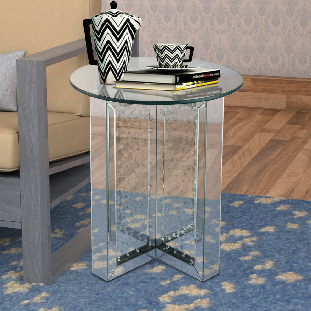 23  Inch Round Mirrored End Table With Glass Top, Silver By Benzara | End Tables |  Modishstore  - 2