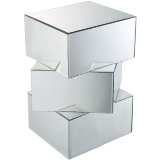 Mirror And Glass End Table With Unique Geometrical Base Design, Silver By Benzara | End Tables |  Modishstore 