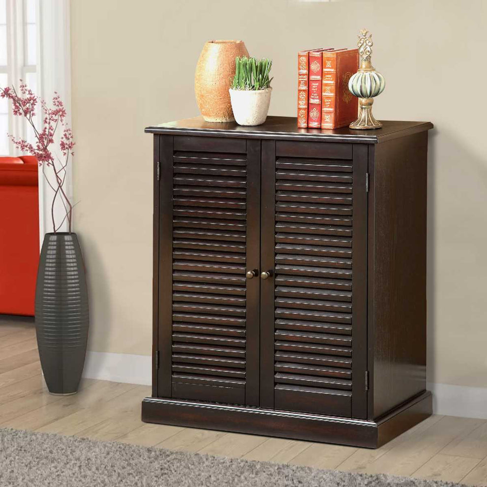 Double Door Solid Wood Shoe Cabinet With Blocked Panel Feet, Espresso Brown By Benzara | Cabinets |  Modishstore  - 2