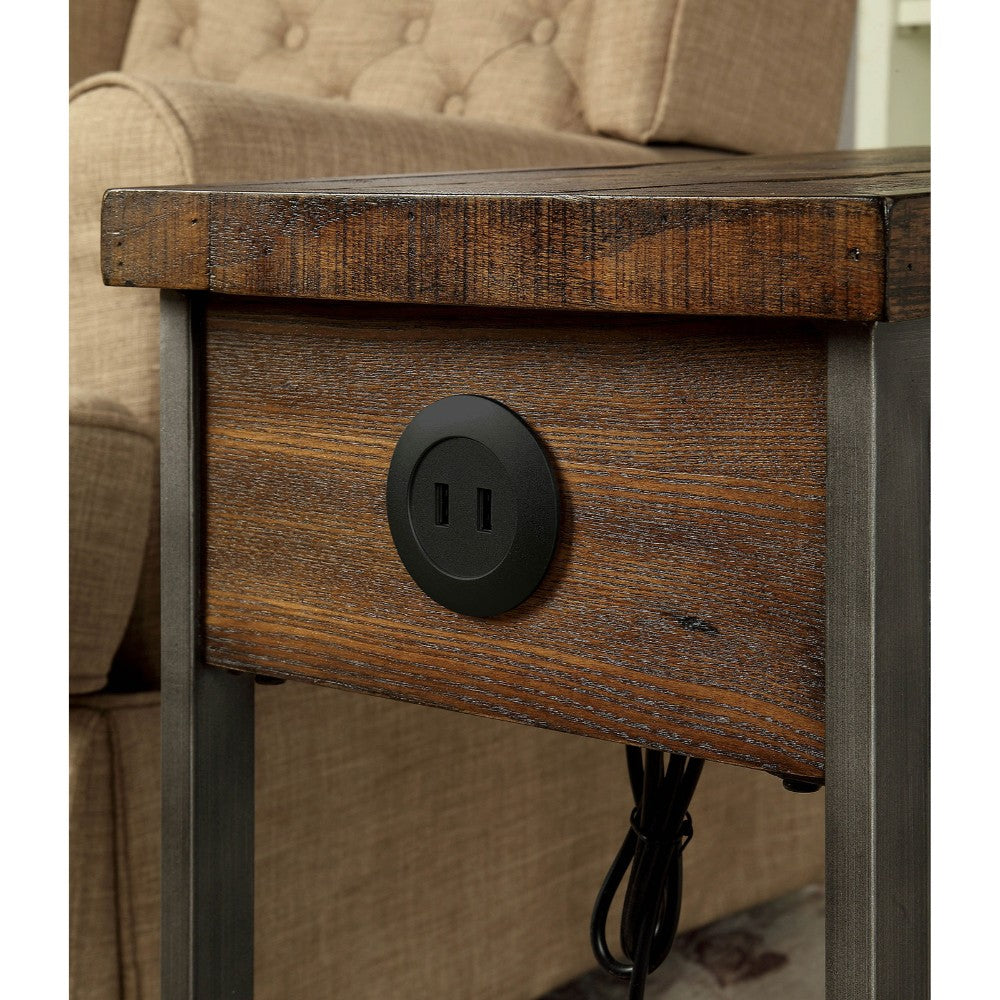 Rectangular Wood And Metal Side Table With Usb Outlet, Brown And Gray By Benzara | Side Tables |  Modishstore  - 3