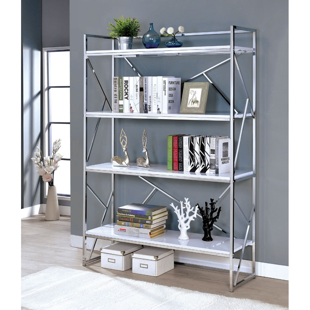 Four Shelf Metal Bookcase With Geometric Sides And Back Design, White And Silver By Benzara | Shelves & Shelving Units |  Modishstore 