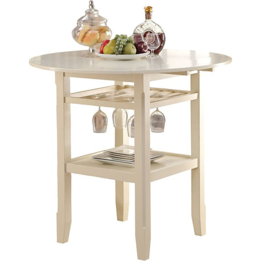 Round Wooden Counter Height Table With Wine Glass Shelf, Cream By Benzara | Bar Tables |  Modishstore 