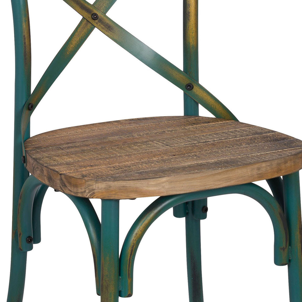 35" Wood And Metal Side Chair, Brown And Turquoise By Benzara | Side Chairs |  Modishstore  - 2