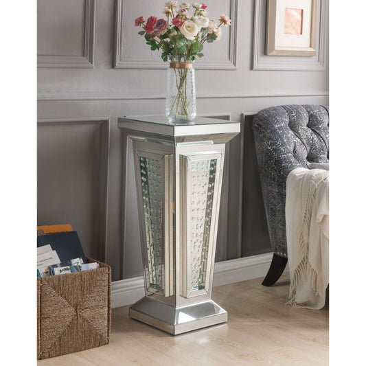 Glass Top Pedestal Stand With Mirror Panel And Faux Crystal, Silver By Benzara | Side Tables |  Modishstore 