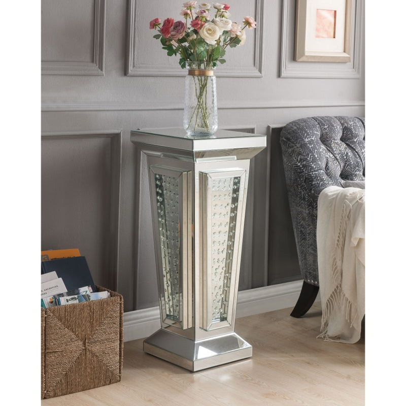 Glass Top Pedestal Stand With Mirror Panel And Faux Crystal, Silver By Benzara | Side Tables |  Modishstore 