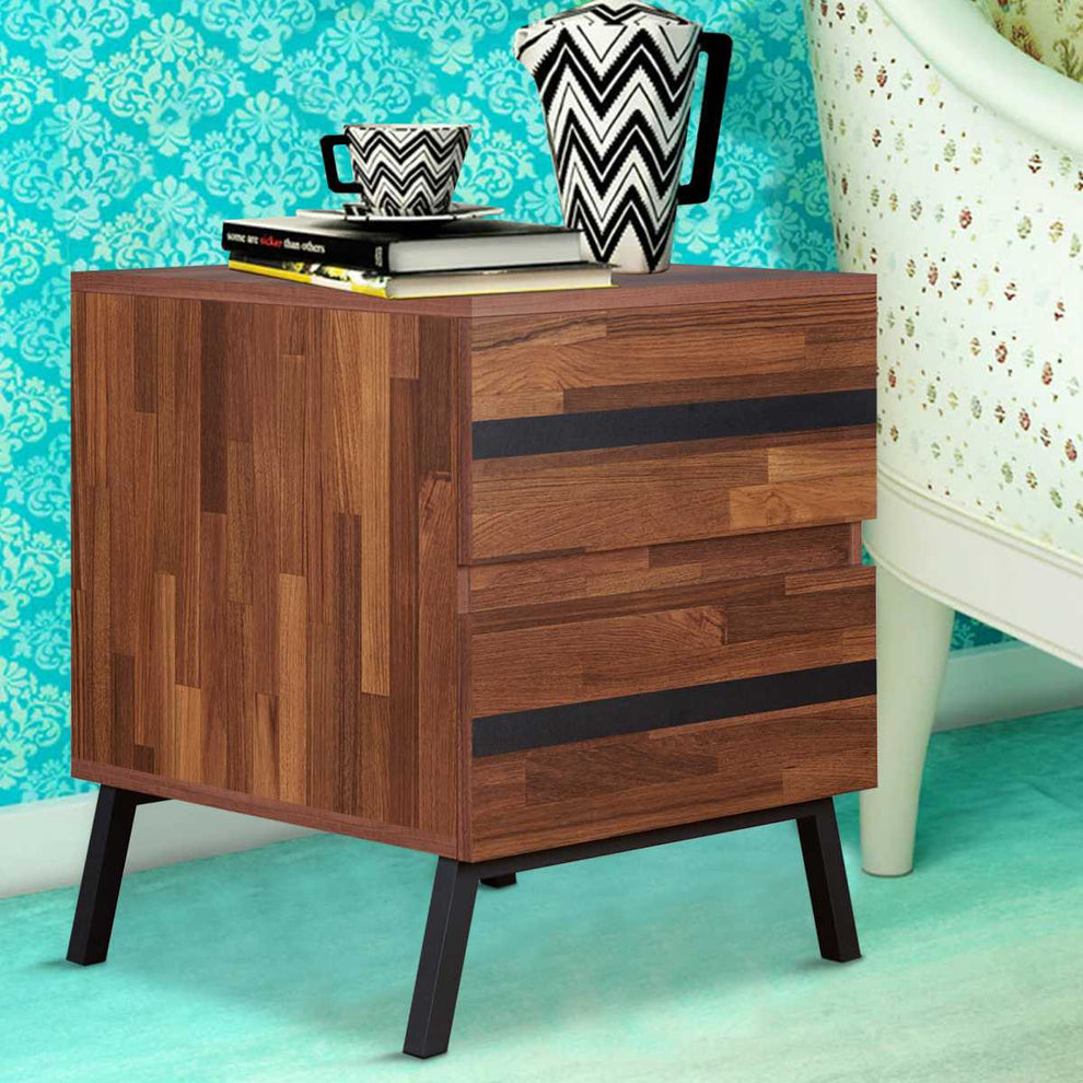 Two Drawers Wooden End Table With Angled Leg Support, Brown And Black By Benzara | End Tables |  Modishstore  - 2