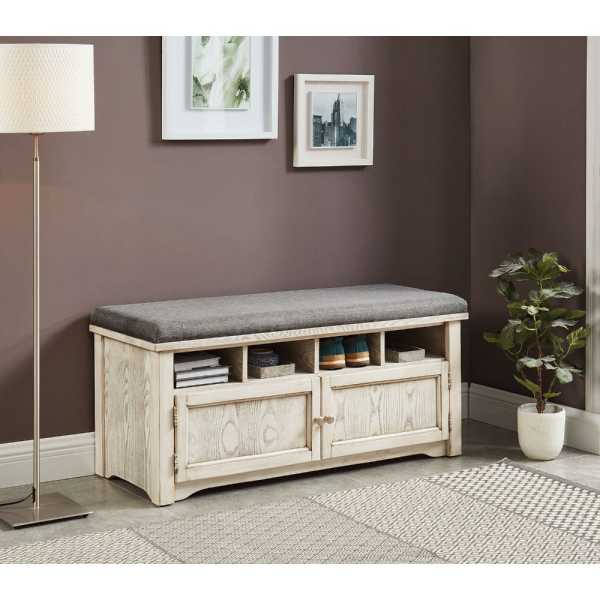 Spacious Wooden Shoe Bench With Linen Upholstered Cushioned Seat, White And Gray By Benzara | Benches |  Modishstore  - 2