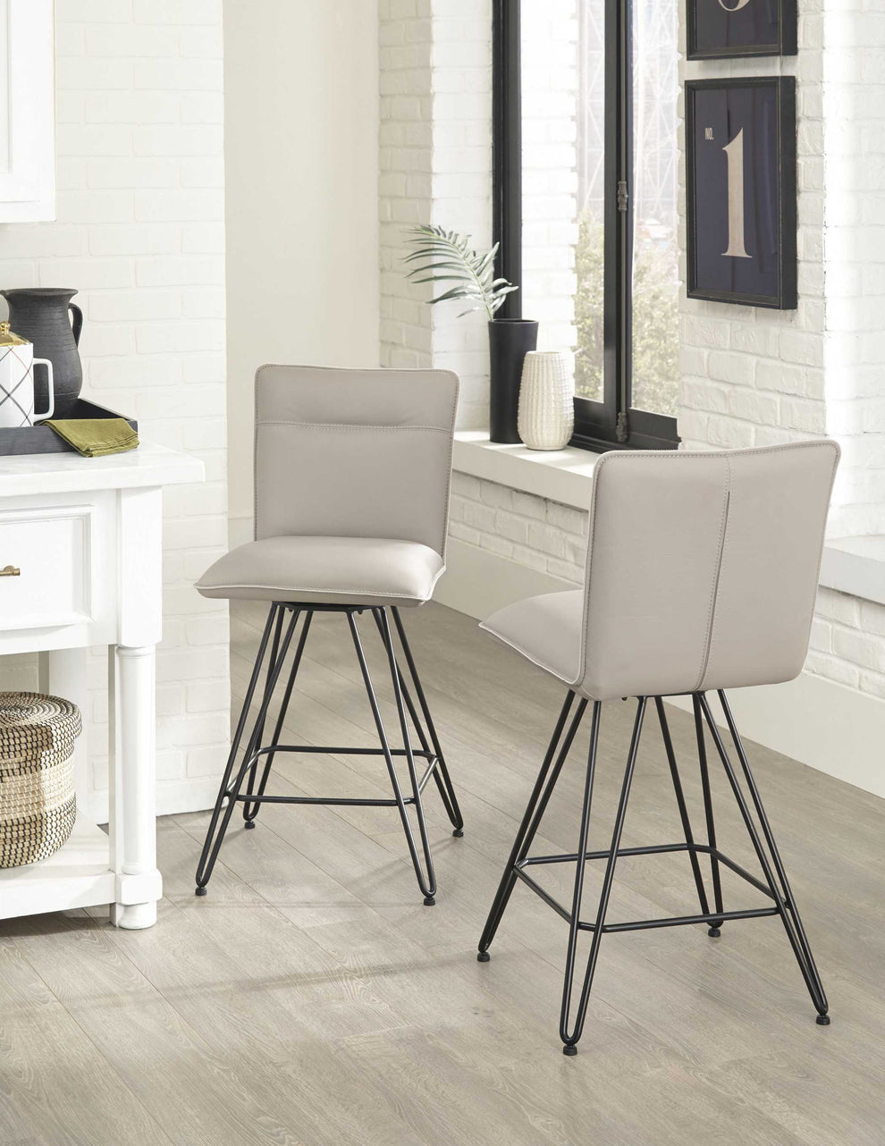 Leather Counter Height Stool With Metal Hairpin Legs, Set Of 2, Taupe Brown And Black By Benzara | Bar Stools |  Modishstore  - 3