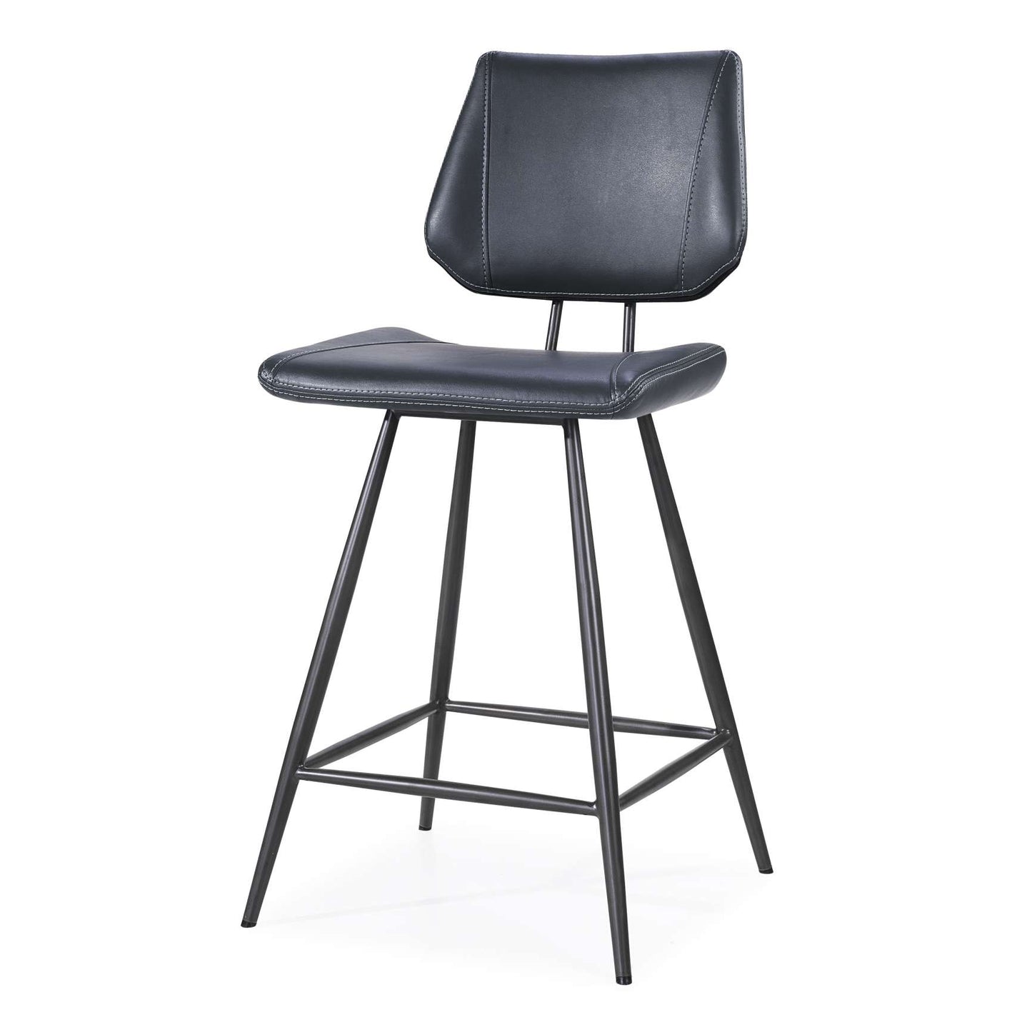 Leather Upholstered And Metal Counter Height Stool With Stitch Details, Black By Benzara | Bar Stools |  Modishstore  - 3