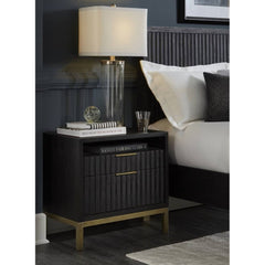 Wood And Metal Nightstand With Scalloped Drawer Fronts, Black And Brass By Benzara