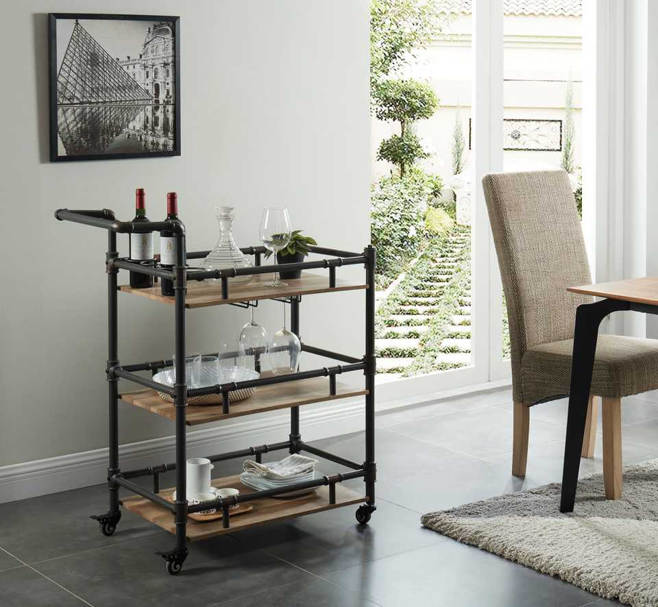 Rustic Three Tier Wood And Metal Serving Cart, Black And Brown By Benzara | Bar Carts |  Modishstore  - 2