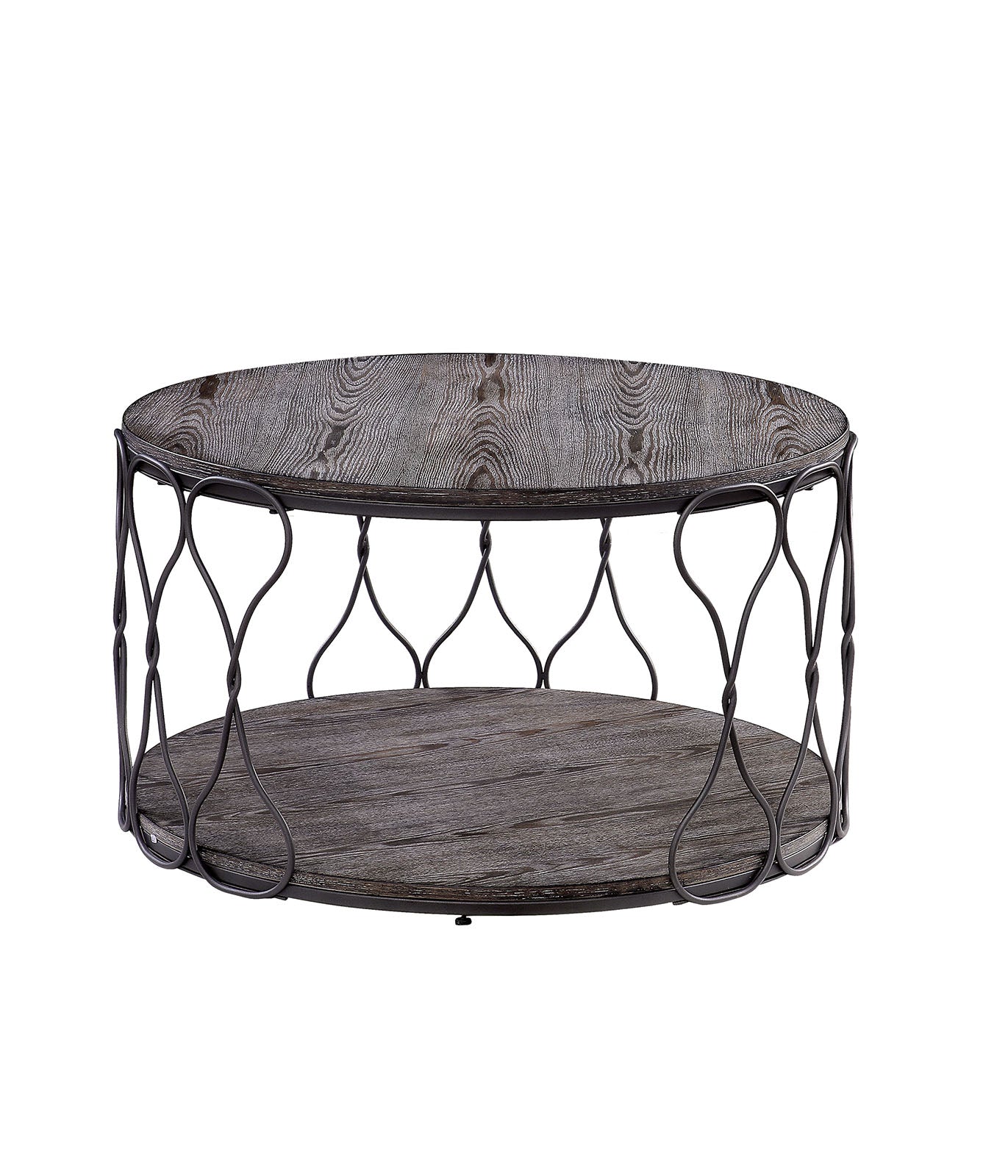 Industrial Style Round Metal And Solid Wood Coffee Table With Open Bottom Shelf, Gray And Brown By Benzara | Coffee Tables |  Modishstore 