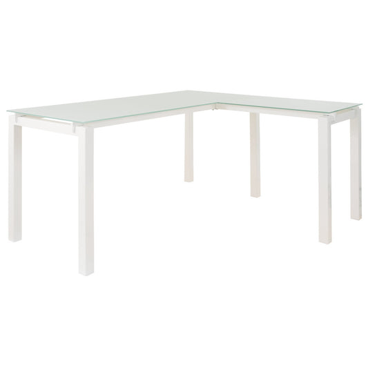 Metal L Shape Desk With Frosted Glass Top And Block Legs, White By Benzara | Desks |  Modishstore 