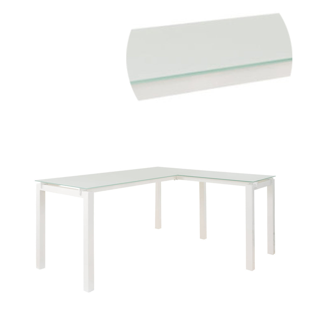 Metal L Shape Desk With Frosted Glass Top And Block Legs, White By Benzara | Desks |  Modishstore  - 2