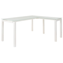 Metal L Shape Desk With Frosted Glass Top And Block Legs, White By Benzara
