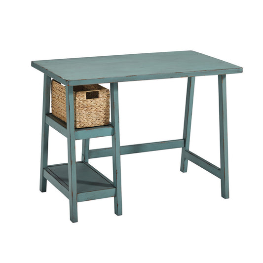 Distressed Wooden Desk With Two Display Shelves And Trestle Base, Small, Teal Blue By Benzara | Desks |  Modishstore 