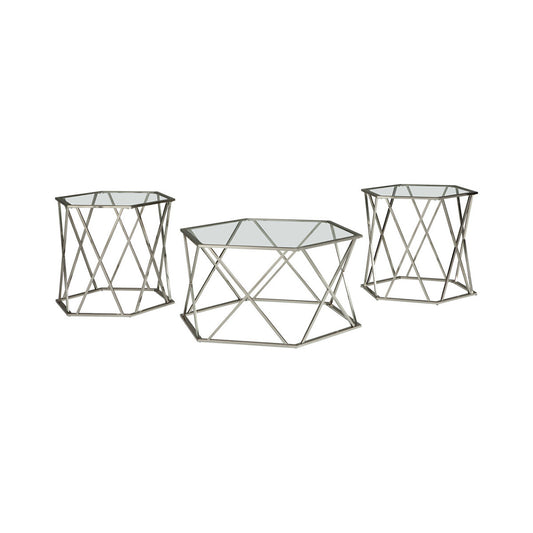 Hexagonal Design Metal Framed Table Set With Inserted Glass Top, Set Of Three, Silver And Clear By Benzara | Accent Tables | Modishstore