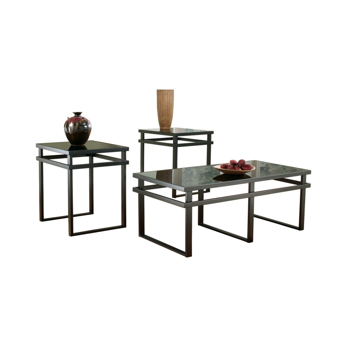 Metal Framed Table Set With Beveled Glass Top And Sled Legs, Set Of Three, Black By Benzara | Accent Tables |  Modishstore  - 2