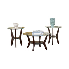 Round Wooden Table Set With Glass Top And Lower Shelf, Set Of Three, Brown And Clear By Benzara