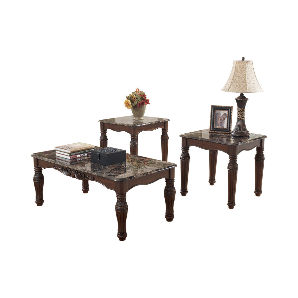 Traditional Style Wooden Table Set With Turned Legs And Faux Marble Top, Set Of Three, Dark Brown By Benzara | Accent Tables | Modishstore - 2