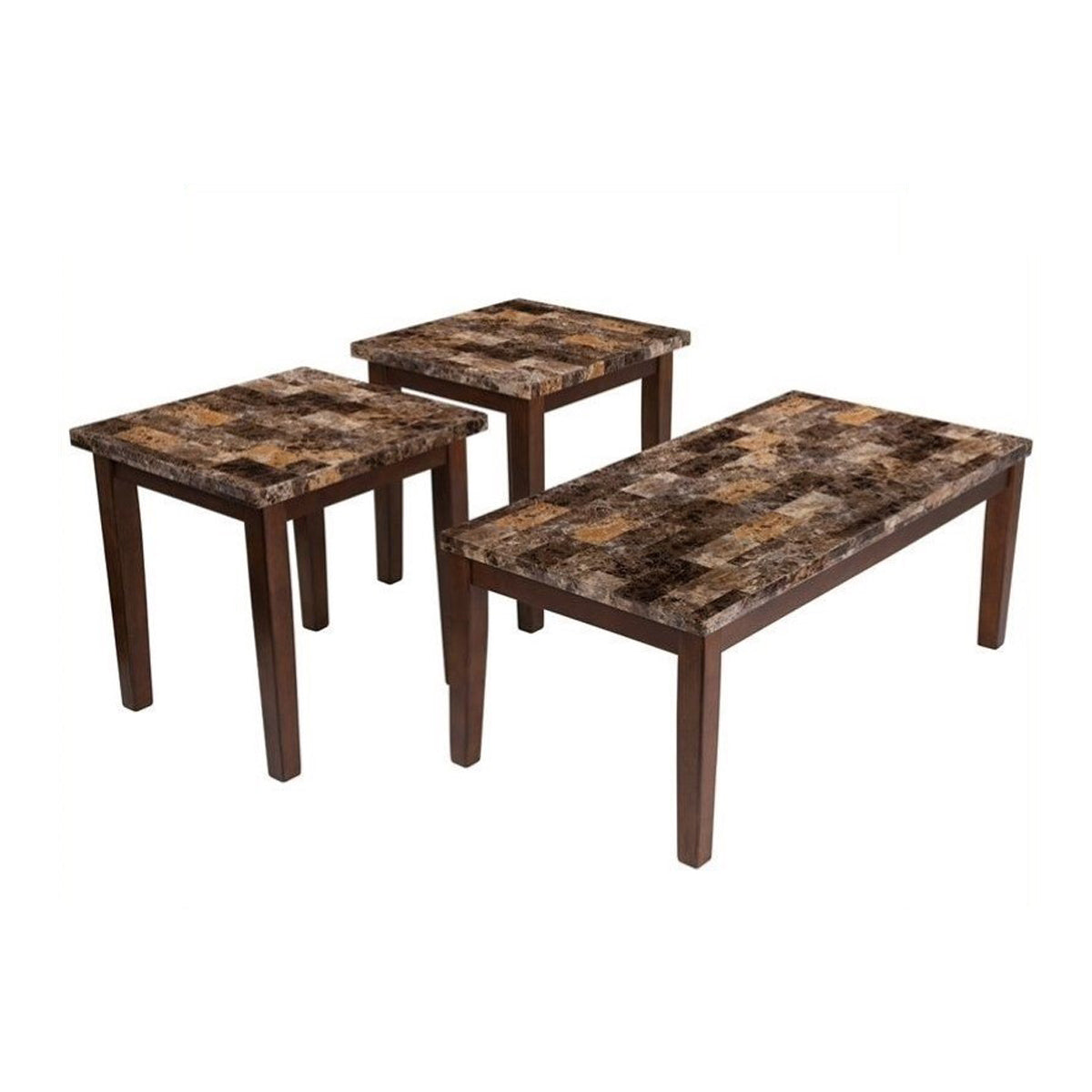 Rustic Style Faux Marble Top Table Set With Tapered Wooden Legs, Set Of Three, Brown By Benzara | Accent Tables |  Modishstore  - 2