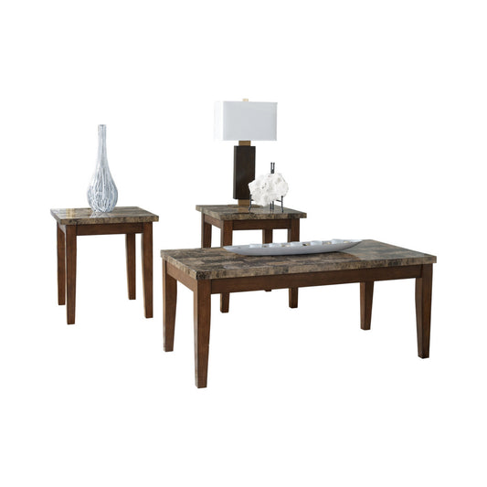 Rustic Style Faux Marble Top Table Set With Tapered Wooden Legs, Set Of Three, Brown By Benzara | Accent Tables |  Modishstore 