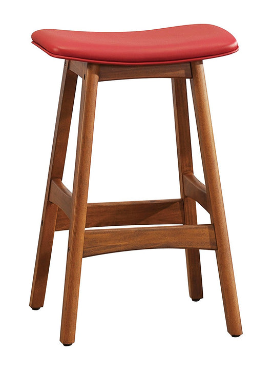 Leatherette Wooden Counter Stool With Saddle Seat, Set Of 2, Red And Brown By Benzara | Bar Stools |  Modishstore 