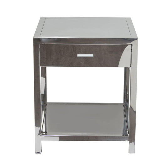 Square Stainless Steel Accent Table With One Drawer  And Open Bottom Shelf, Silver By Benzara | Accent Tables |  Modishstore 