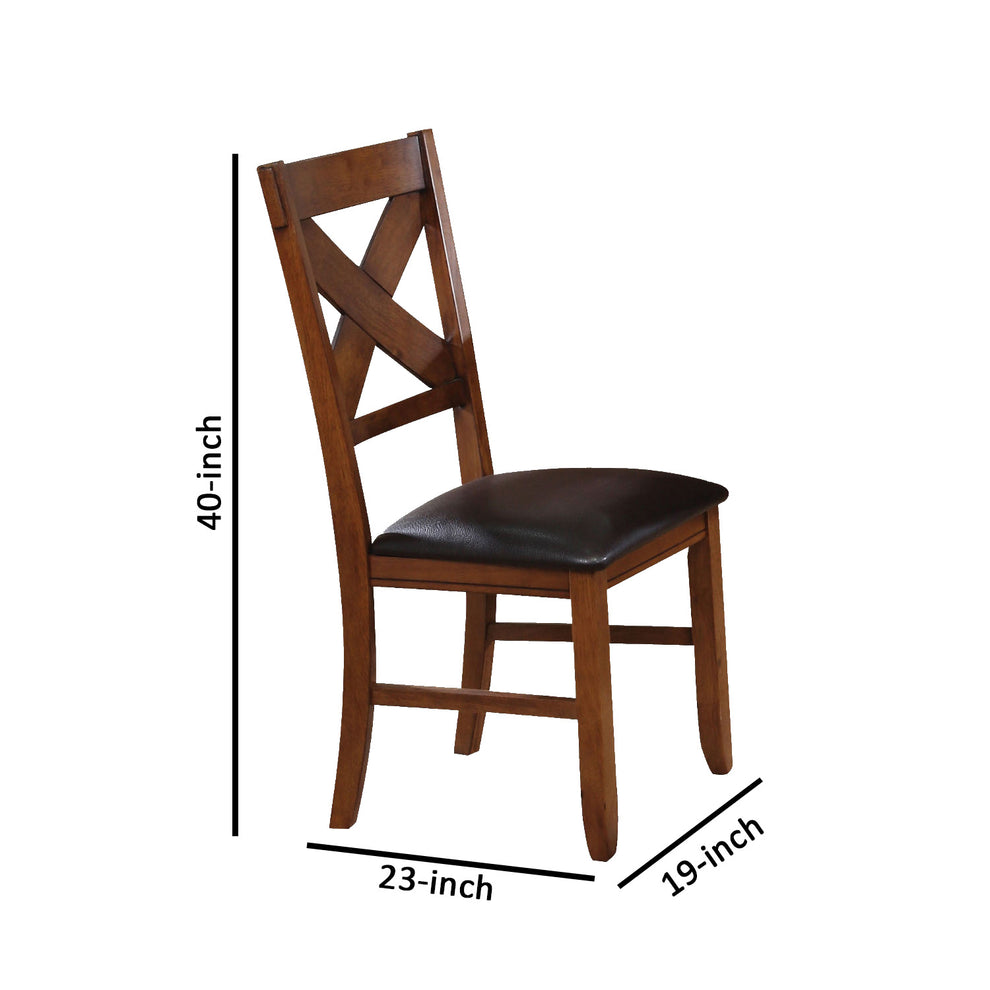 Wooden Side Chair With Faux Leather Padded Seat And X Cross Backrest, Brown, Set Of Two By Benzara | Accent Chairs | Modishstore - 5