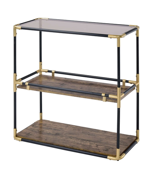 Rechange Glass Top Console Table Metal Tubular Framing And Wooden Shelves, Black And Brown By Benzara | Accent Tables |  Modishstore 