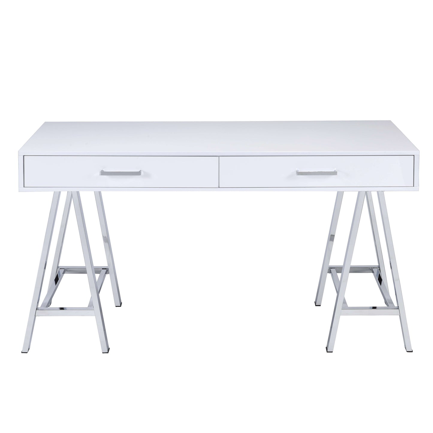 Rectangular Two Drawers Wooden Desk With Saw Horse Metal Legs, Silver And White By Benzara | Desks |  Modishstore  - 2