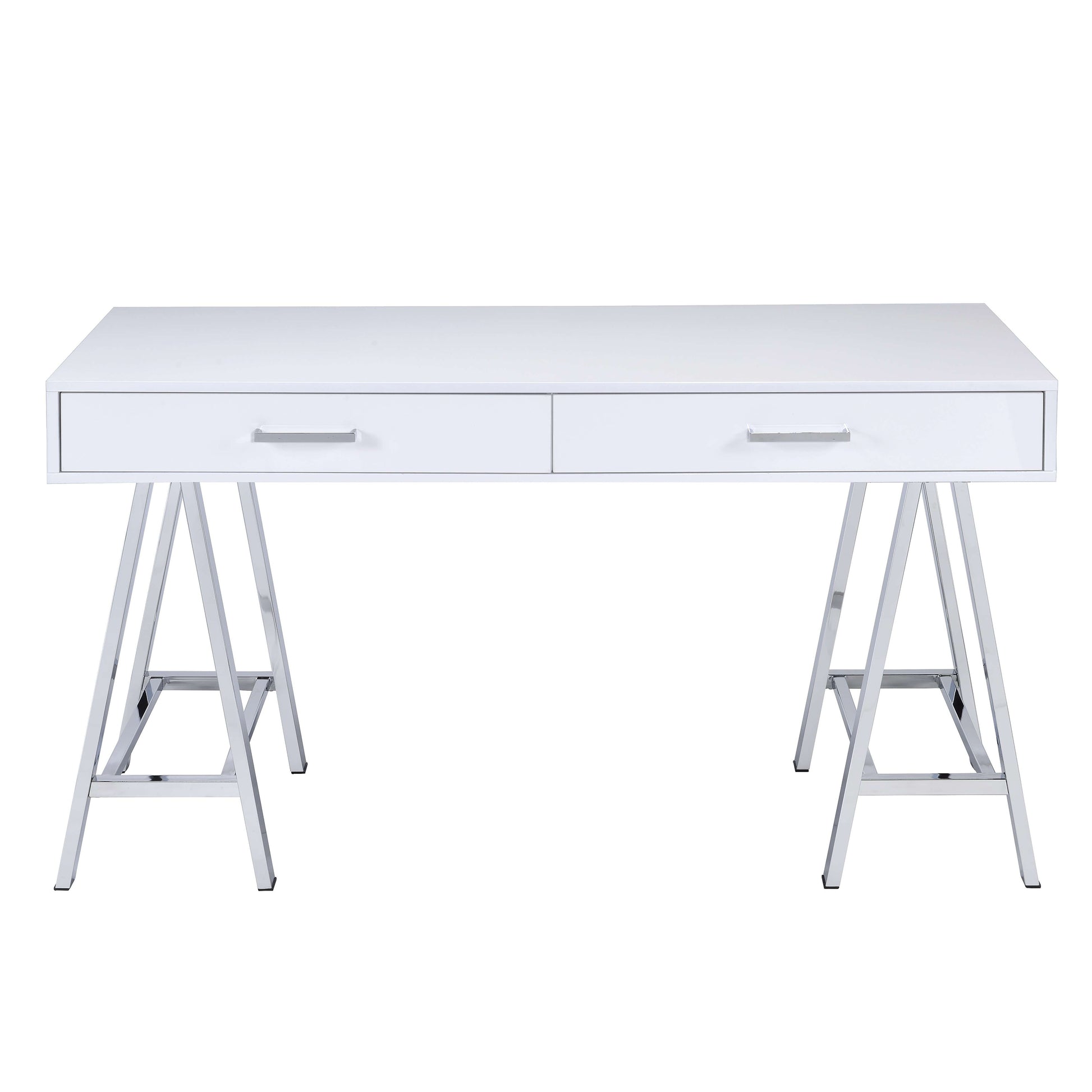 Rectangular Two Drawers Wooden Desk With Saw Horse Metal Legs, Silver And White By Benzara | Desks |  Modishstore  - 2