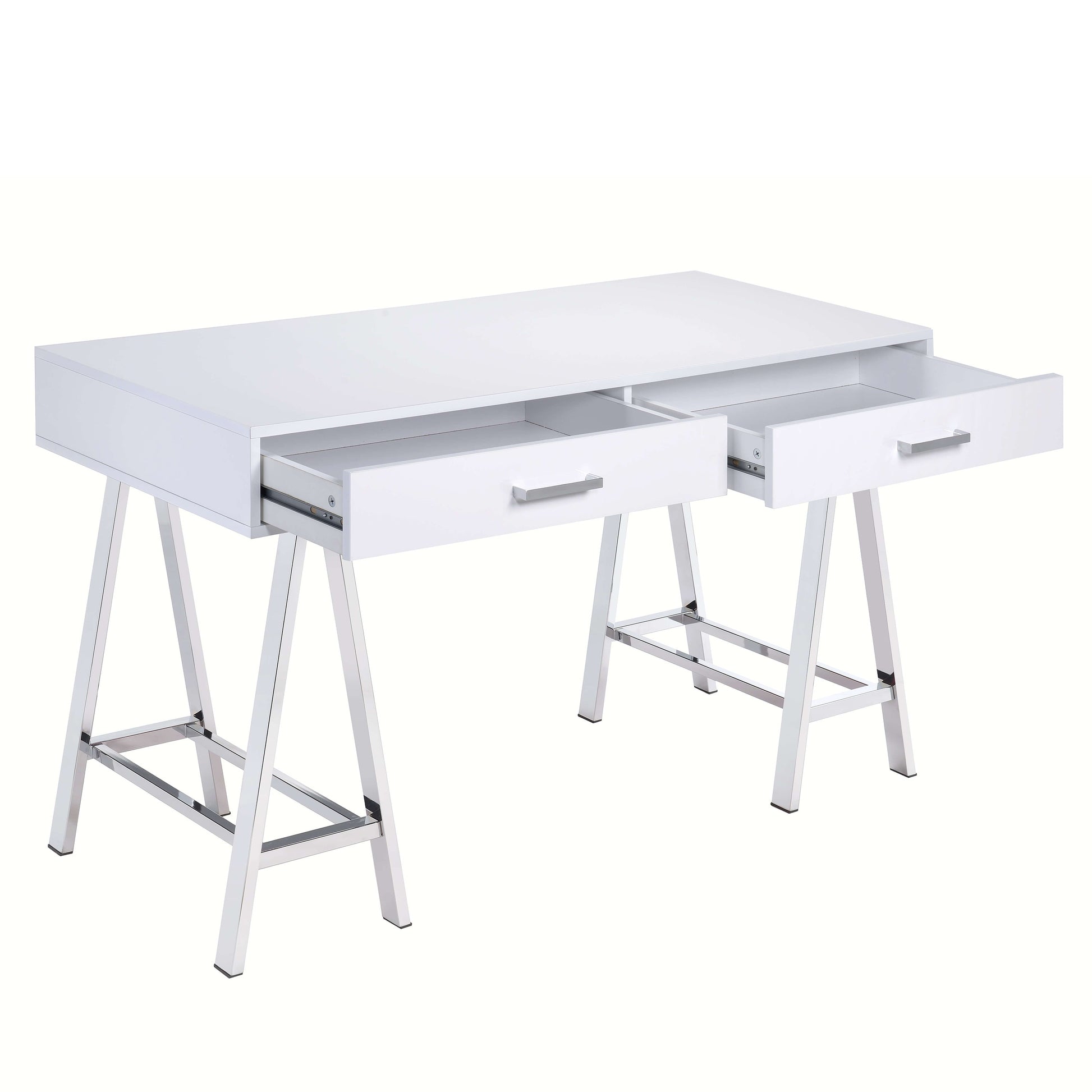 Rectangular Two Drawers Wooden Desk With Saw Horse Metal Legs, Silver And White By Benzara | Desks |  Modishstore  - 3