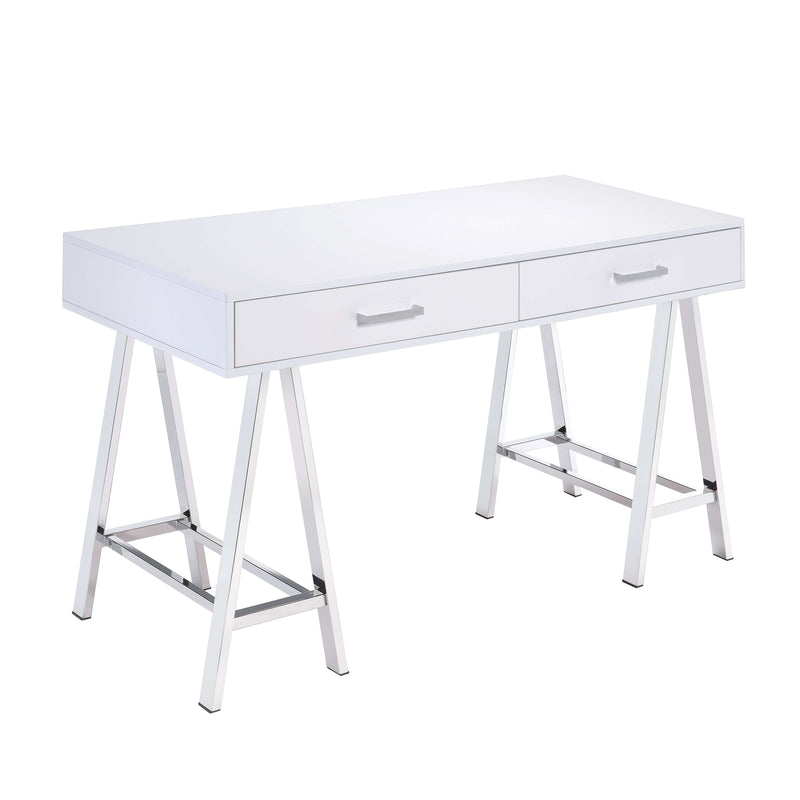 Rectangular Two Drawers Wooden Desk With Saw Horse Metal Legs, Silver And White By Benzara | Desks |  Modishstore 