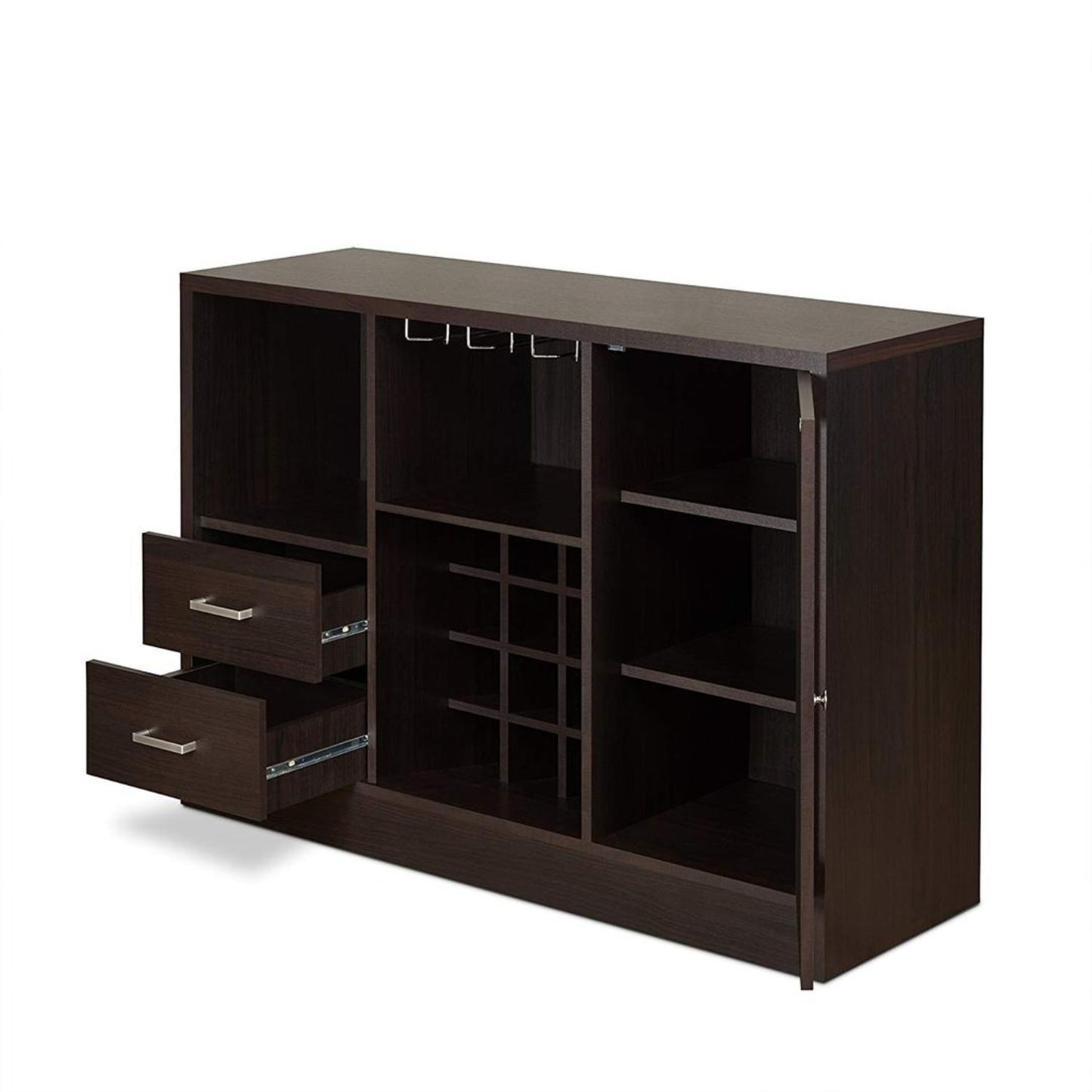 2 Drawer Wooden Server With One Side Door Cabinet And Wine Rack, Dark Brown By Benzara | Cabinets |  Modishstore  - 4