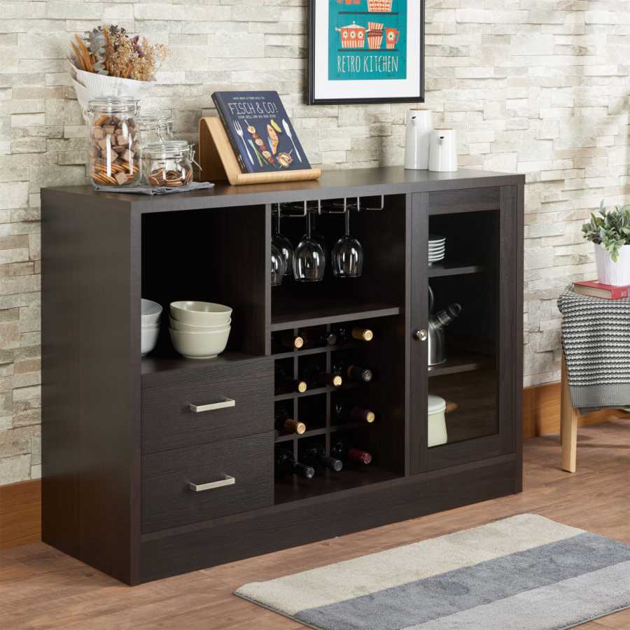 2 Drawer Wooden Server With One Side Door Cabinet And Wine Rack, Dark Brown By Benzara | Cabinets |  Modishstore  - 2