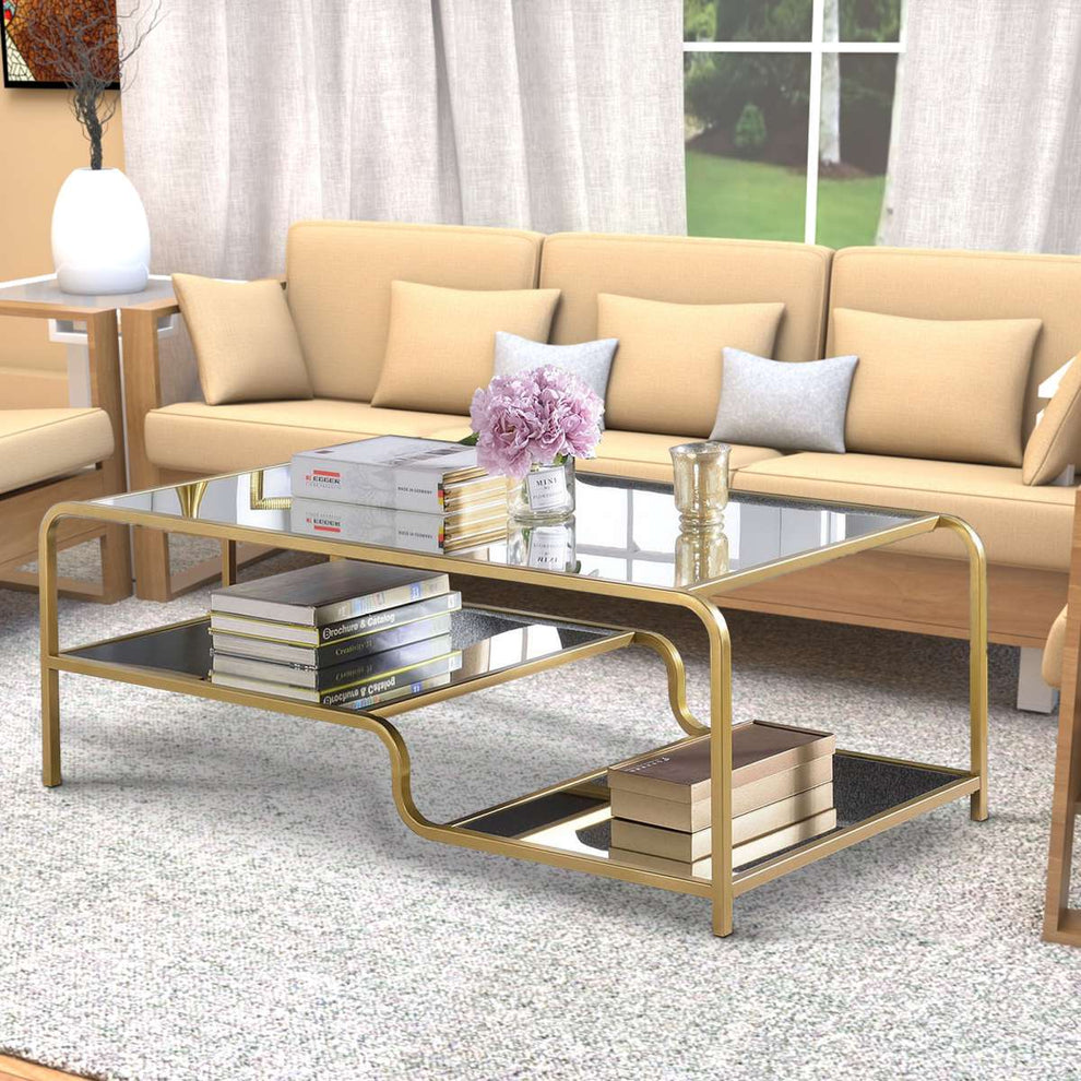 Metal Frame Mirrored Coffee Table With Tiered Shelves, Gold And Silver By Benzara | Coffee Tables |  Modishstore  - 2