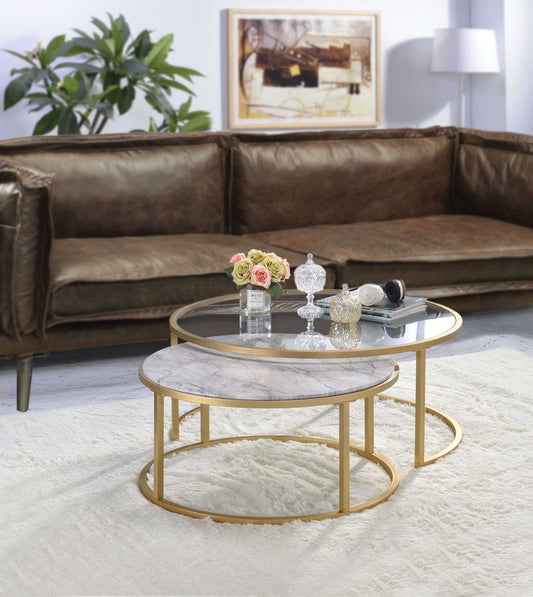 Metal Framed Nesting Coffee Tables With Glass And Marble Tops, Set Of Two, Gold By Benzara | Coffee Tables |  Modishstore 