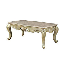 Wooden Coffee Table Withdecorative Polyresin Carvings And Marble Top, White By Benzara