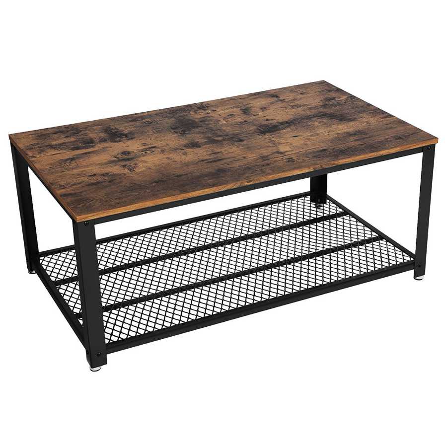 Metal Frame Coffee Table With Wooden Top And Mesh Bottom Shelf, Brown And Black By Benzara | Coffee Tables |  Modishstore  - 2