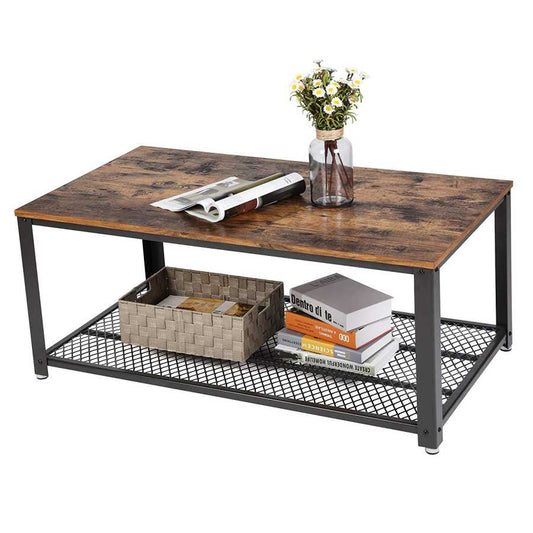 Metal Frame Coffee Table With Wooden Top And Mesh Bottom Shelf, Brown And Black By Benzara | Coffee Tables |  Modishstore 