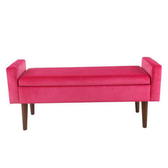 Velvet Upholstered Wooden Bench With Tapered Legs And Track Armrest, Pink And Brown By Benzara