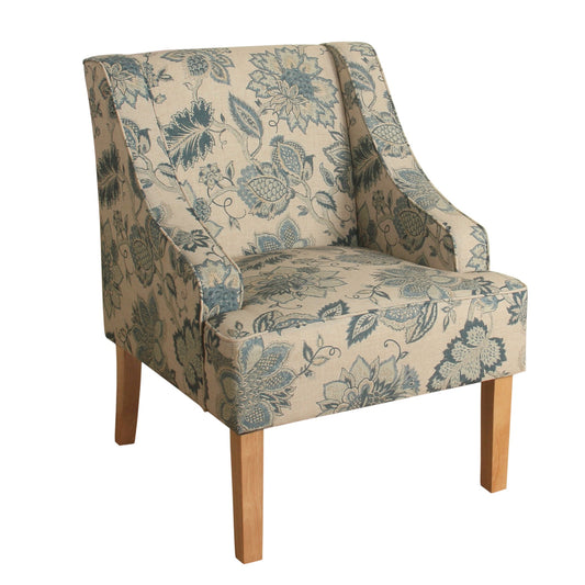 Fabric Upholstered Wooden Accent Chair With Jacobean Pattern, Tan, Blue And Brown By Benzara | Accent Chairs | Modishstore