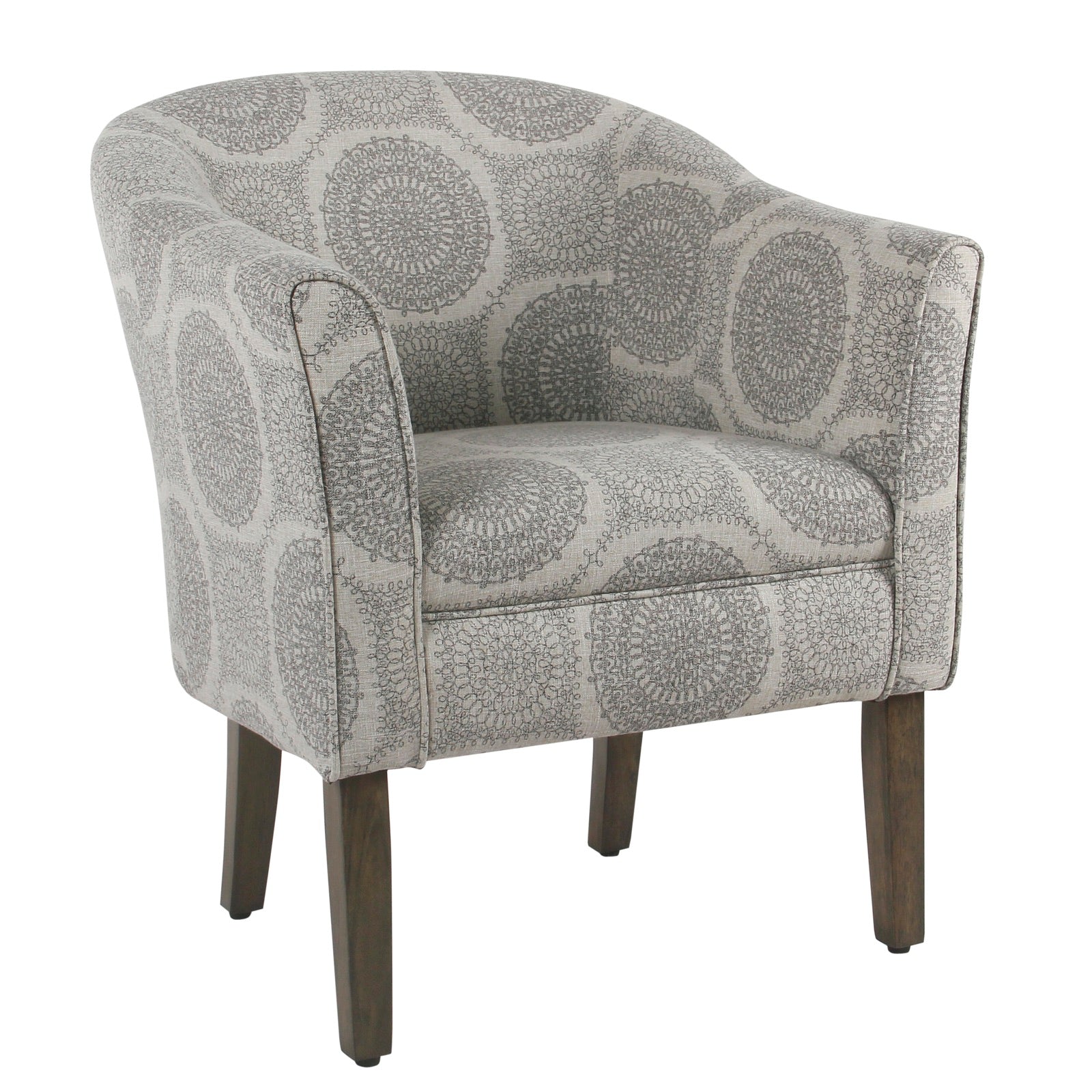Wood And Fabric Barrel Style Accent Chair With Medallion Pattern, Gray And Brown By Benzara | Accent Chairs | Modishstore