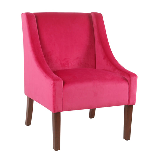 Fabric Upholstered Swooped Accent Chair With Wooden Legs, Dark Pink And Brown By Benzara | Accent Chairs |  Modishstore 