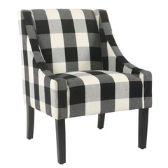 Fabric Upholstered Wooden Accent Chair With Buffalo Plaid Pattern, Black And White By Benzara